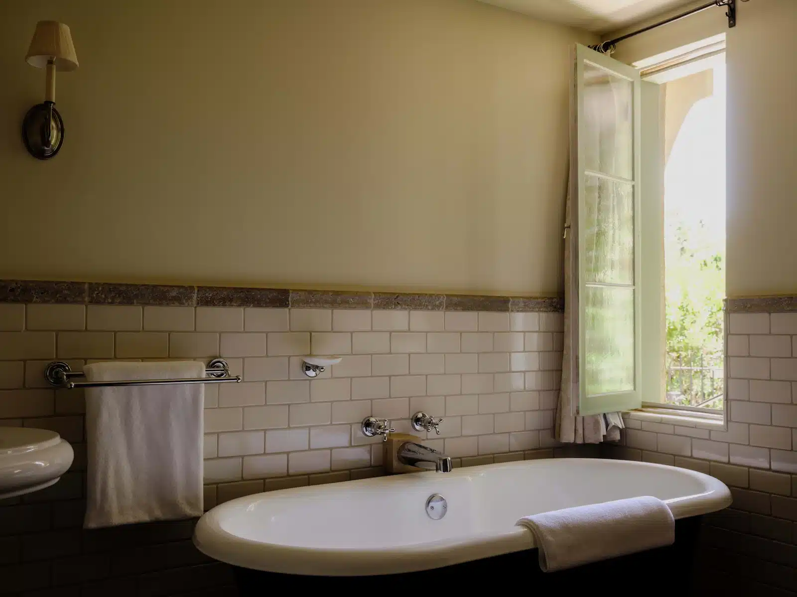 Palm free standing tub under open window